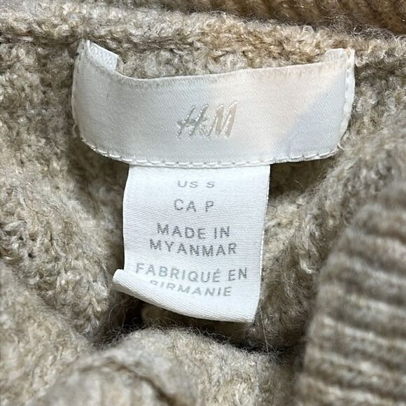 H&M Ladies Cropped Ballon Sleeve Turtleneck Sweater Oatmeal Heather Stretch Knit - Picture 5 of 6